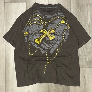 Affliction Charcoal Tee with Gold Cross Design